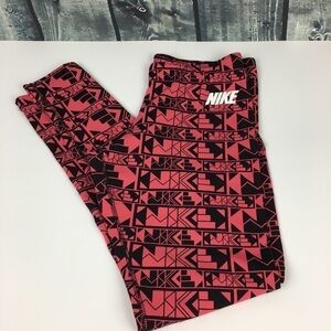 Nike Geometric Cotton Leggings Black and Pink M all-over logo Athleisure Cozy